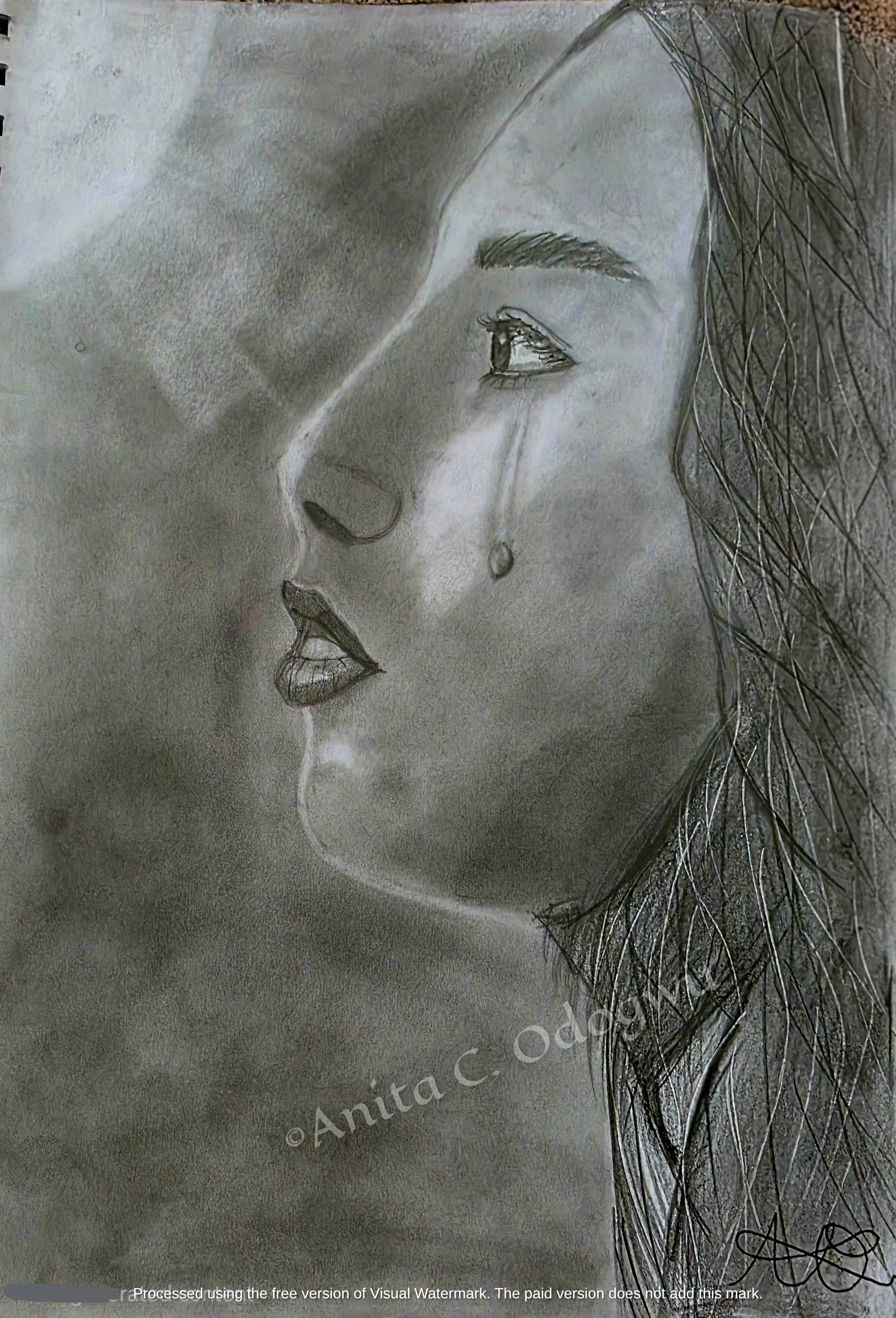 Expressive graphite portrait drawing of a sad lady with smooth blending stump shading